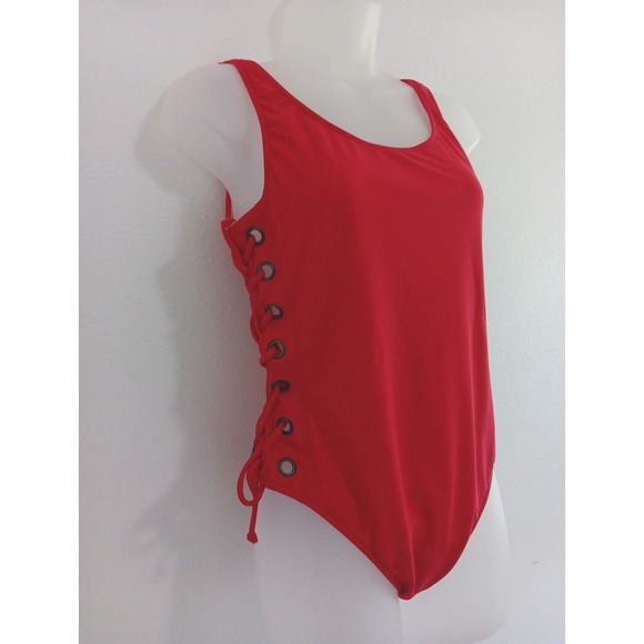 Vintage 80s Womens One Piece Swimsuit 12 Red High‎ Cut Sexy Baywatch Open Sides - Picture 3 of 12